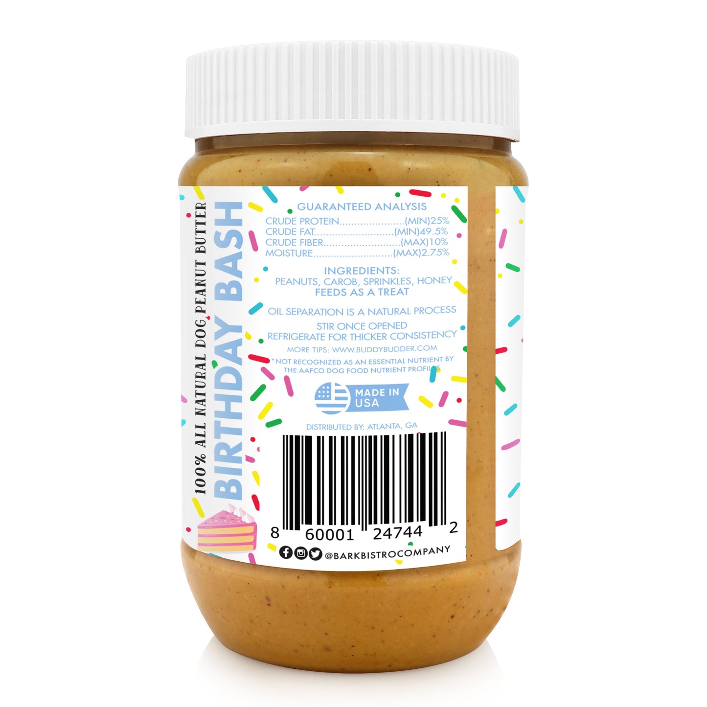 Birthday Bash BUDDY BUDDER- 100% natural Dog Peanut Butter, Made in USA 17oz jar