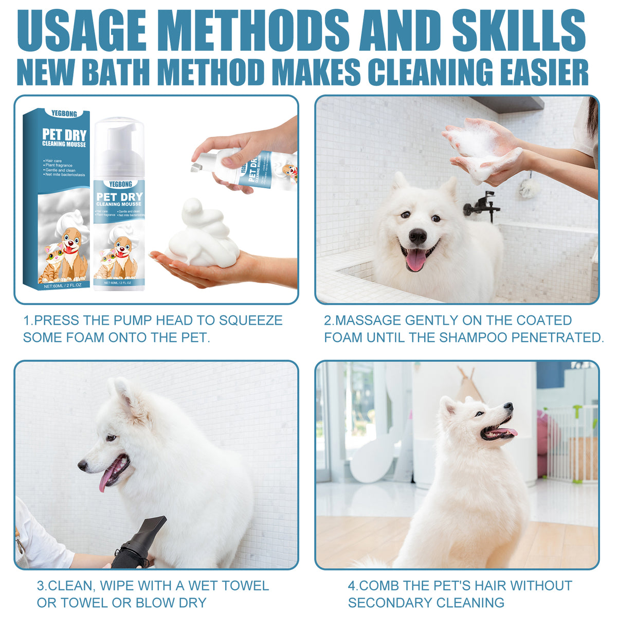 Yegbong Pet Dry Cleaning Mousse Body Wash For Young Cats And Dogs Wash Free To Remove Odor And Smooth Hair Cleaning