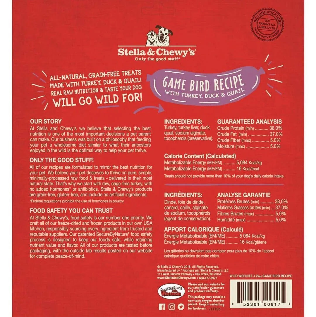 Stella & Chewy’s Freeze Dried Wild Weenies Game Bird Dog Treats (3.25oz)