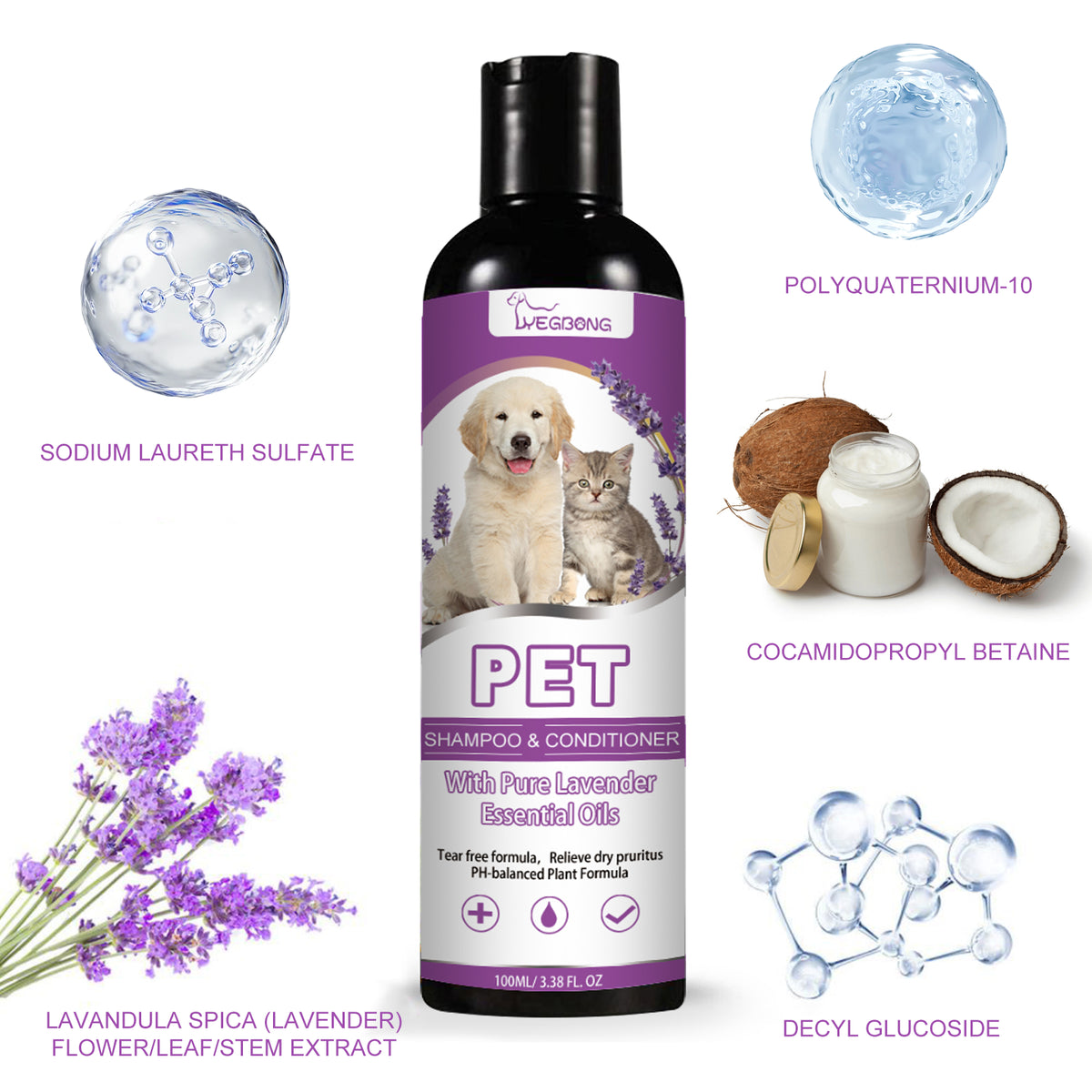Yegbong Pet Shampoo, Pet Bath Relieves Skin Itchy, Hair Smooth Non-Knotting Shampoo