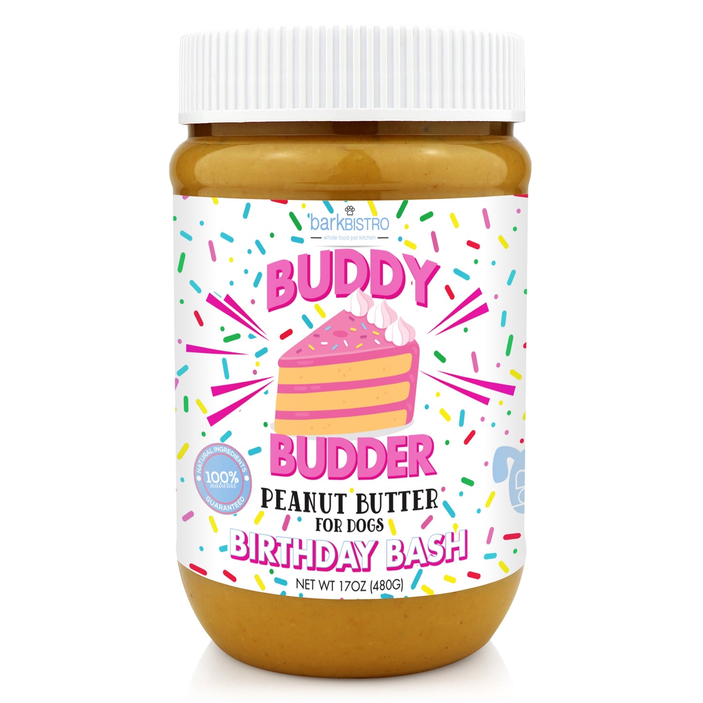 Birthday Bash BUDDY BUDDER- 100% natural Dog Peanut Butter, Made in USA 17oz jar