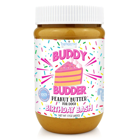 Birthday Bash BUDDY BUDDER- 100% natural Dog Peanut Butter, Made in USA 17oz jar