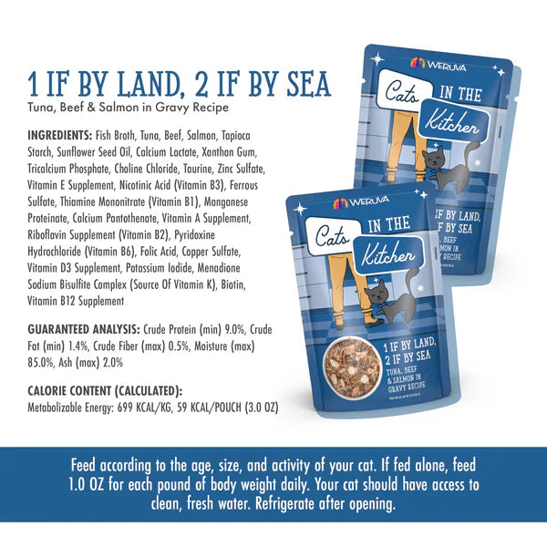 Cats in the Kitchen 1 If By Land, 2 If By Sea, Tuna, Beef & Salmon in Gravy (3oz)