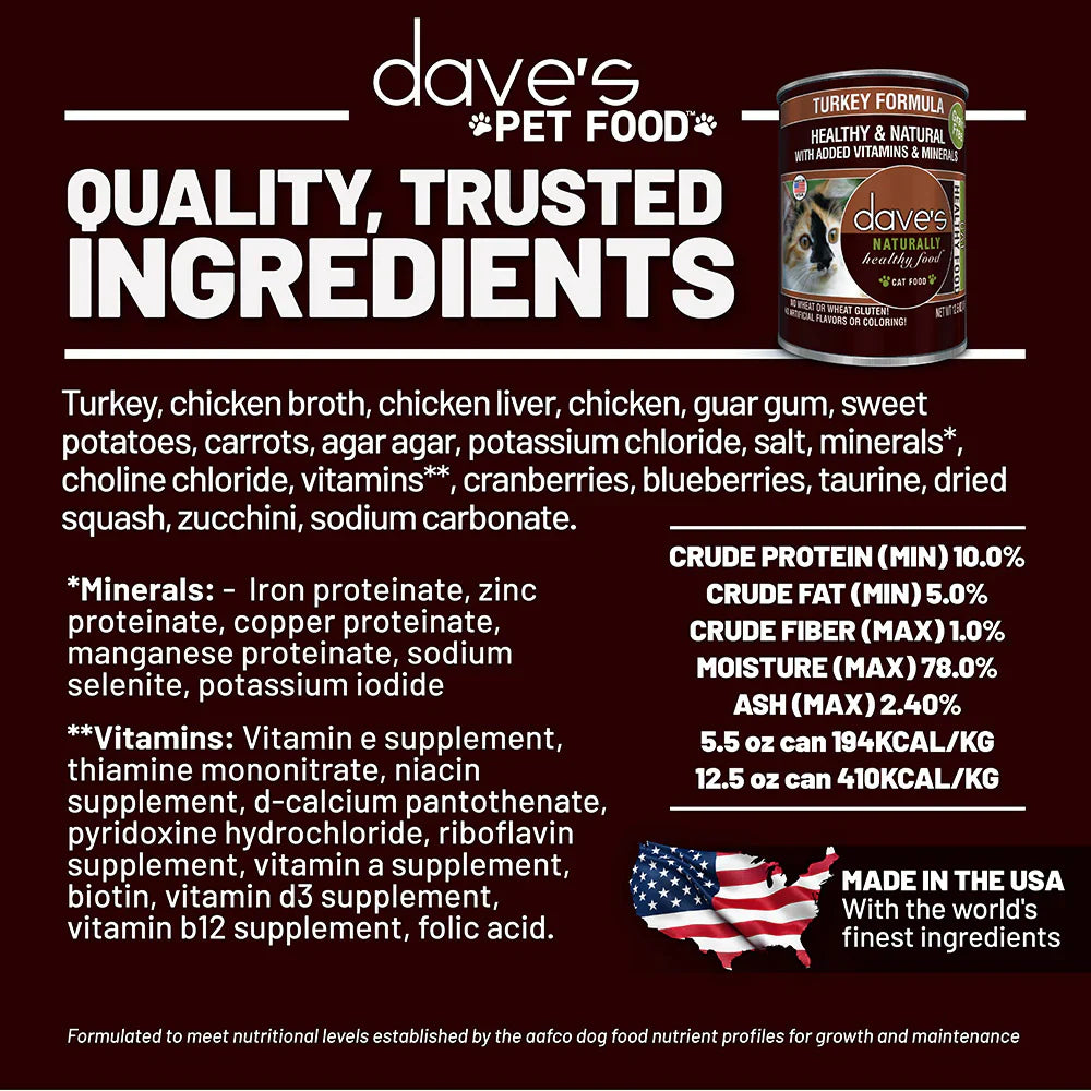 Dave's Naturally Healthy Turkey Dinner Paté Wet Cat Food (12.5oz)