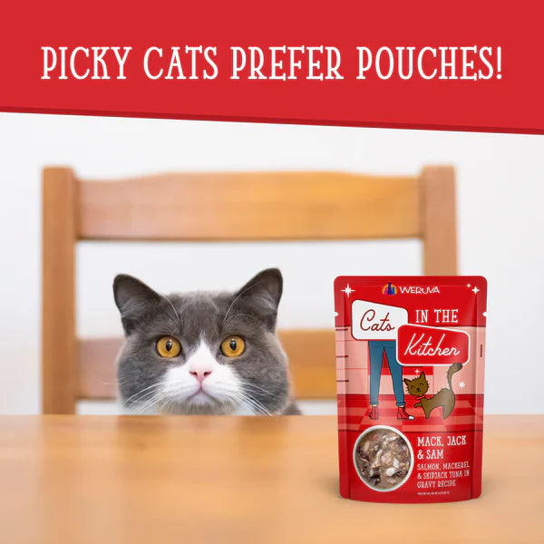 Cats in the Kitchen Mack, Jack and Sam Salmon, Mackerel & Skipjack Tuna in Gravy (3oz)