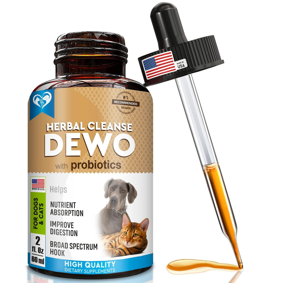 Worm Treatment for Cats & Dogs Liquid Herbal Supplement with Probiotic